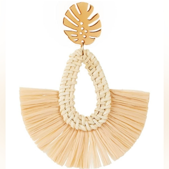 New Rattan Oversized Statement Earrings Botanical Wicker Raffia Fringe - Picture 3 of 5
